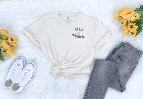 Medium - Hello Pumpkin Embroidered Tee